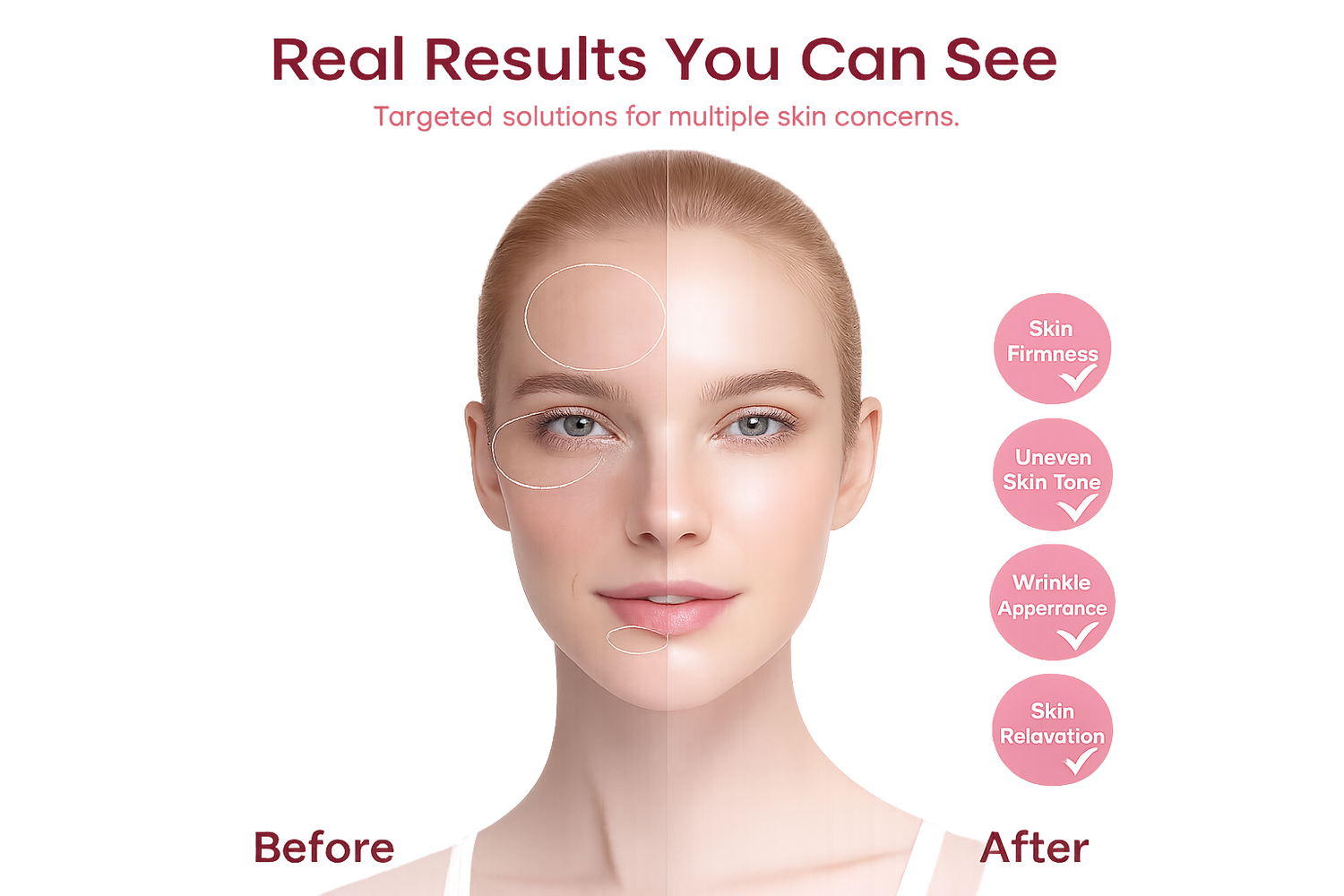 Before and after comparison of skin treatment with targeted solutions for multiple skin concerns.